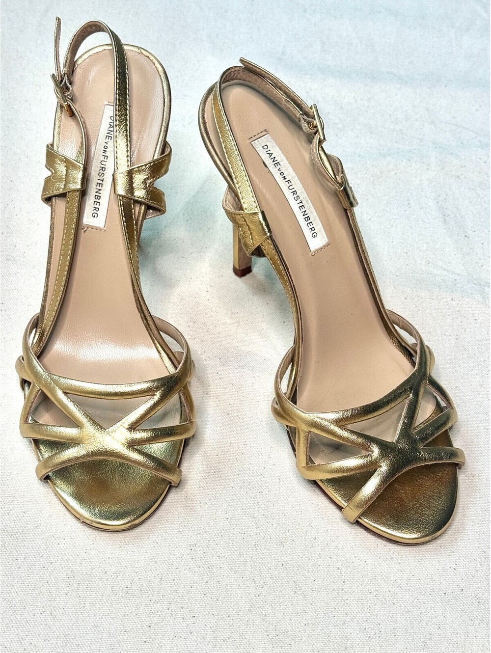 Diane von Furstenberg Gold Leather Strappy Stiletto Sandals 8B Italy DVF